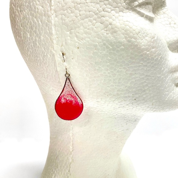 HANDMADE Glitter Pink Teardrop Dangle Sterling Silver French Hook Earrings - Picture 7 of 9